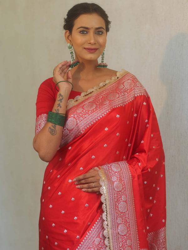 Banarasee Handloom Mashru Silk Saree Zari Border With Lace-Red