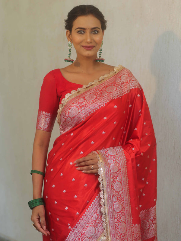 Banarasee Handloom Mashru Silk Saree Zari Border With Lace-Red