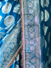Banarasee Handloom Semi Silk Saree With Buta Design Zari Border & Lace-Teal Blue