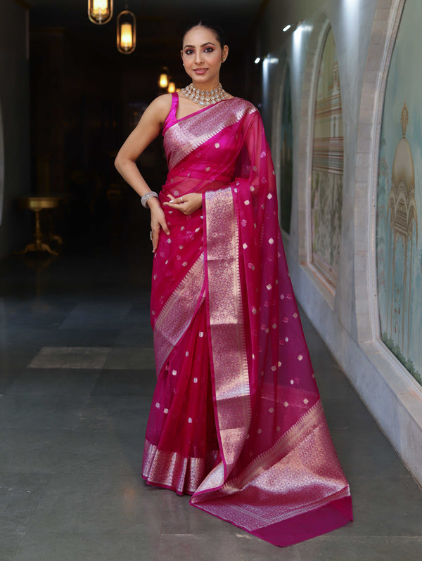 Banarasee Organza Mix Saree With Silver Zari Buti Design & Border-Pink