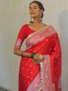 Banarasee Handloom Mashru Silk Saree Zari Border With Lace-Red