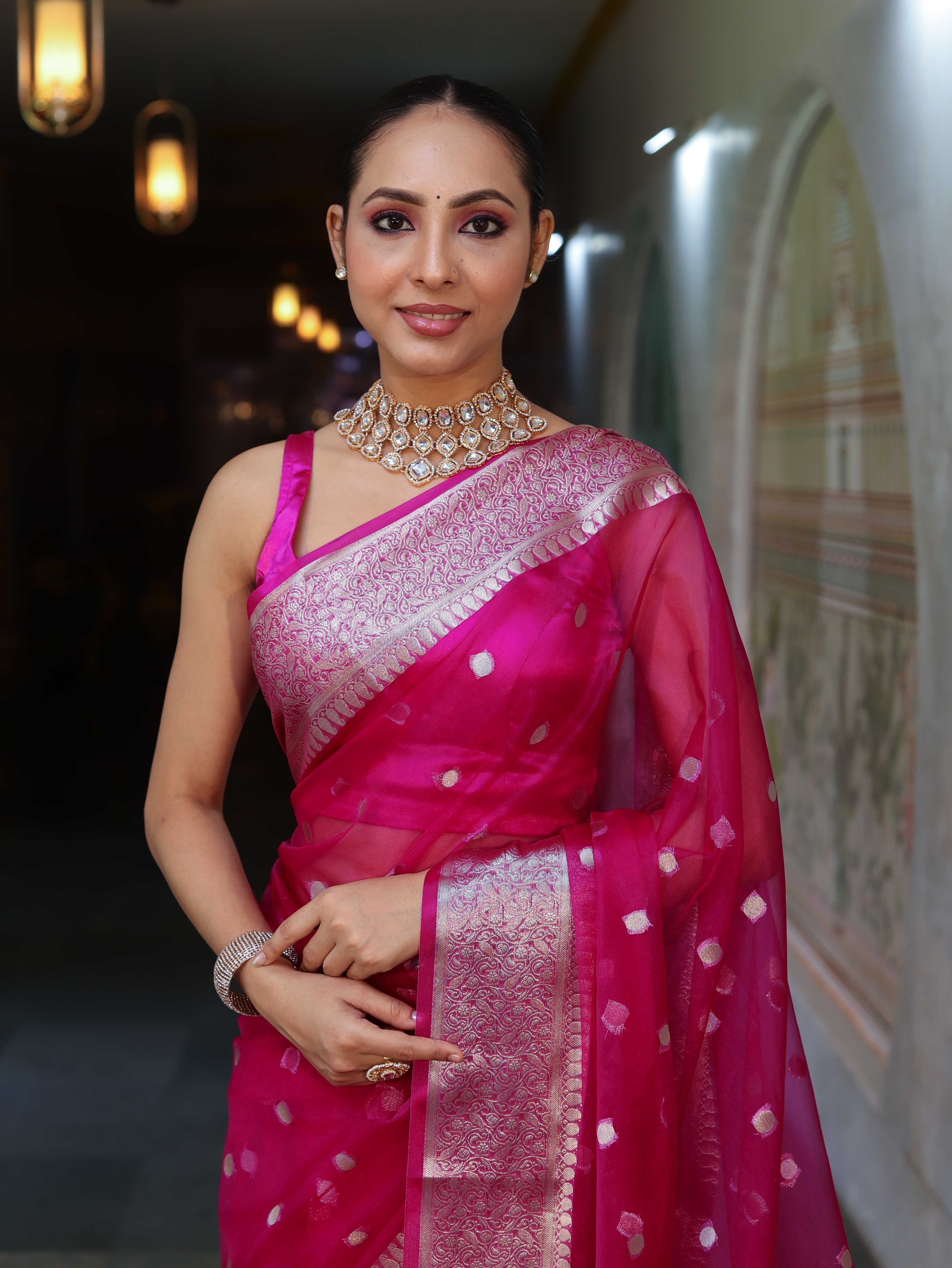 Banarasee Organza Mix Saree With Silver Zari Buti Design & Border-Pink