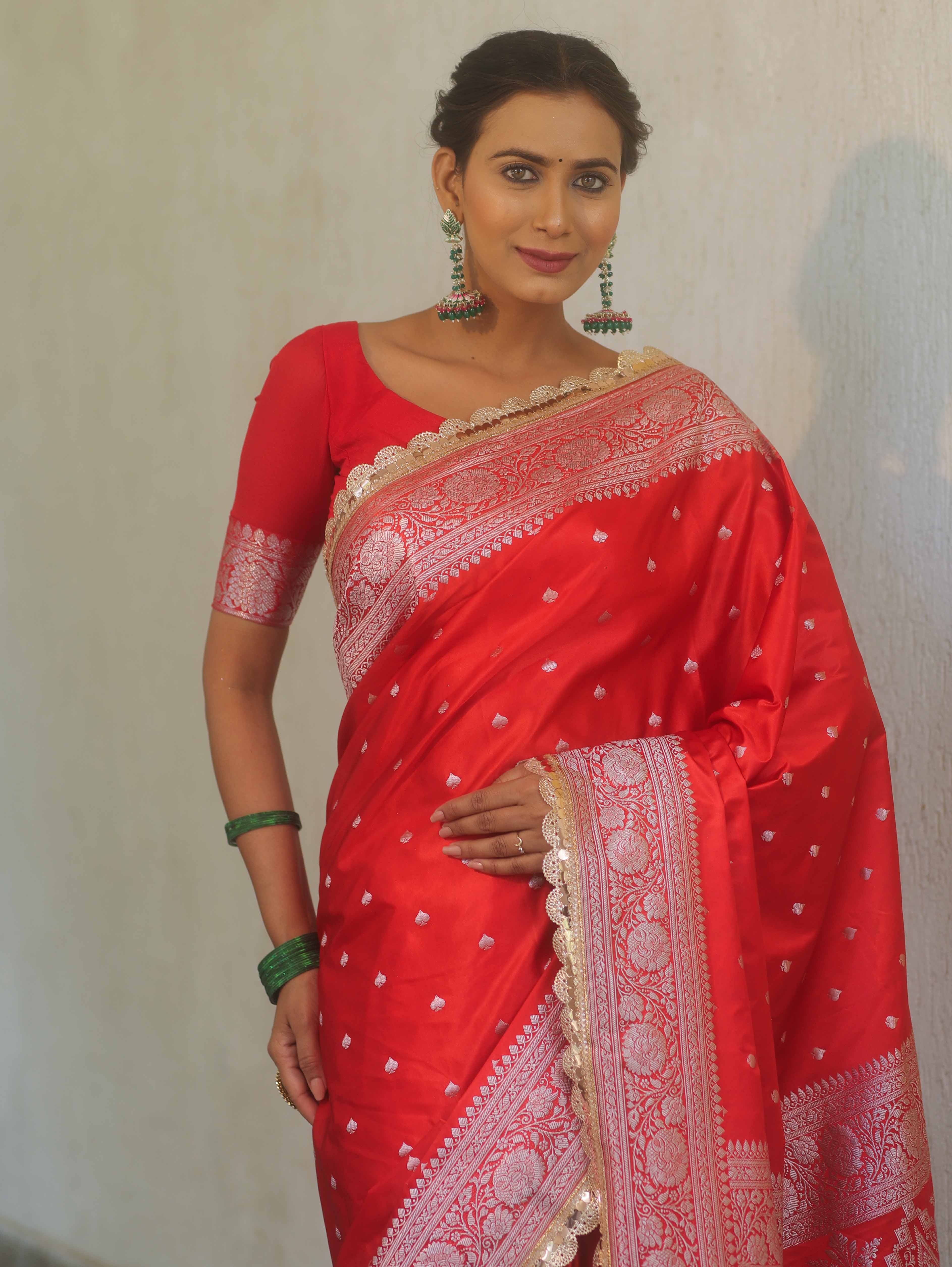 Banarasee Handloom Mashru Silk Saree Zari Border With Lace-Red