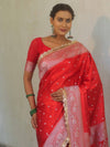 Banarasee Handloom Mashru Silk Saree Zari Border With Lace-Red