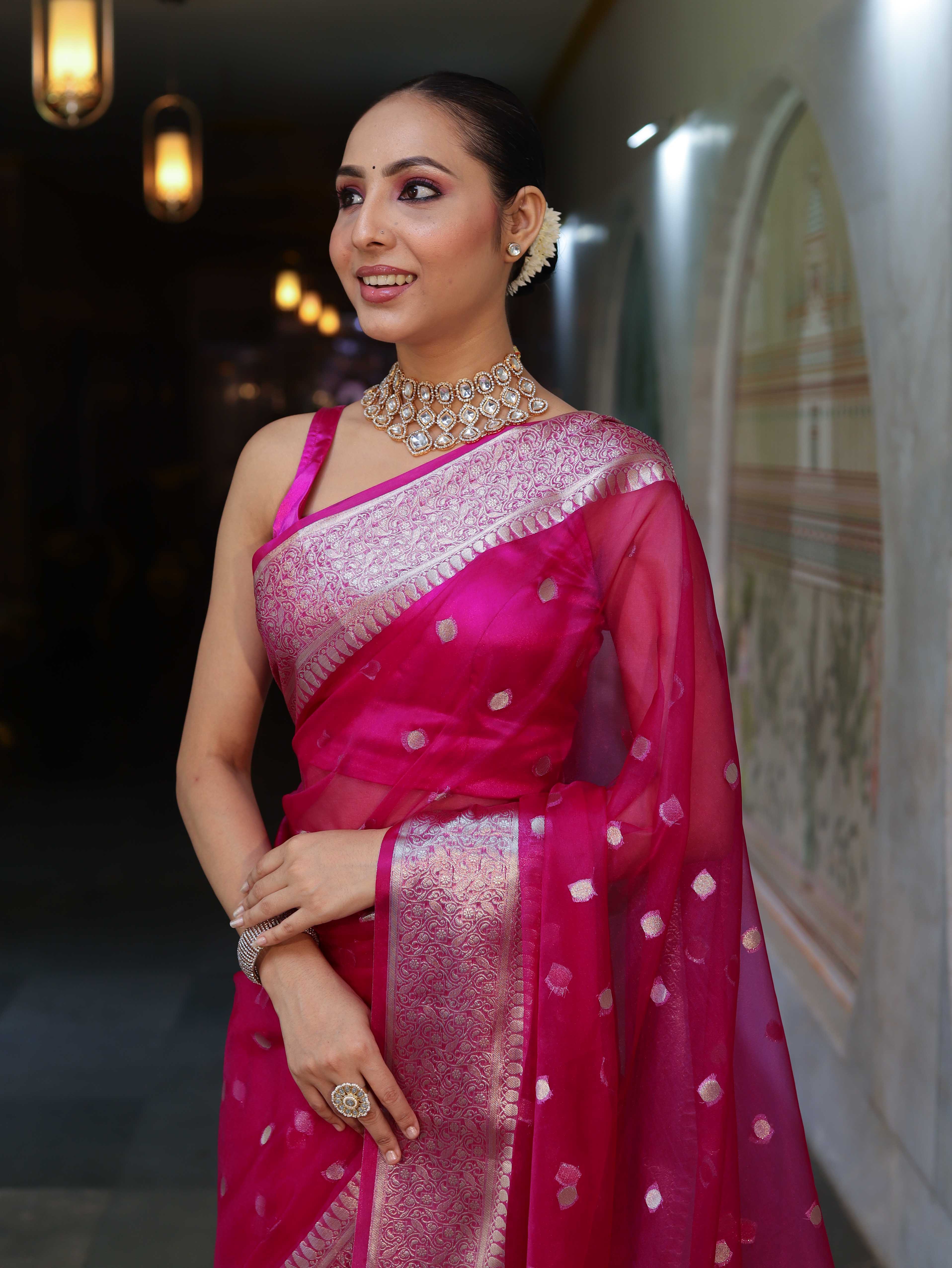 Banarasee Organza Mix Saree With Silver Zari Buti Design & Border-Pink