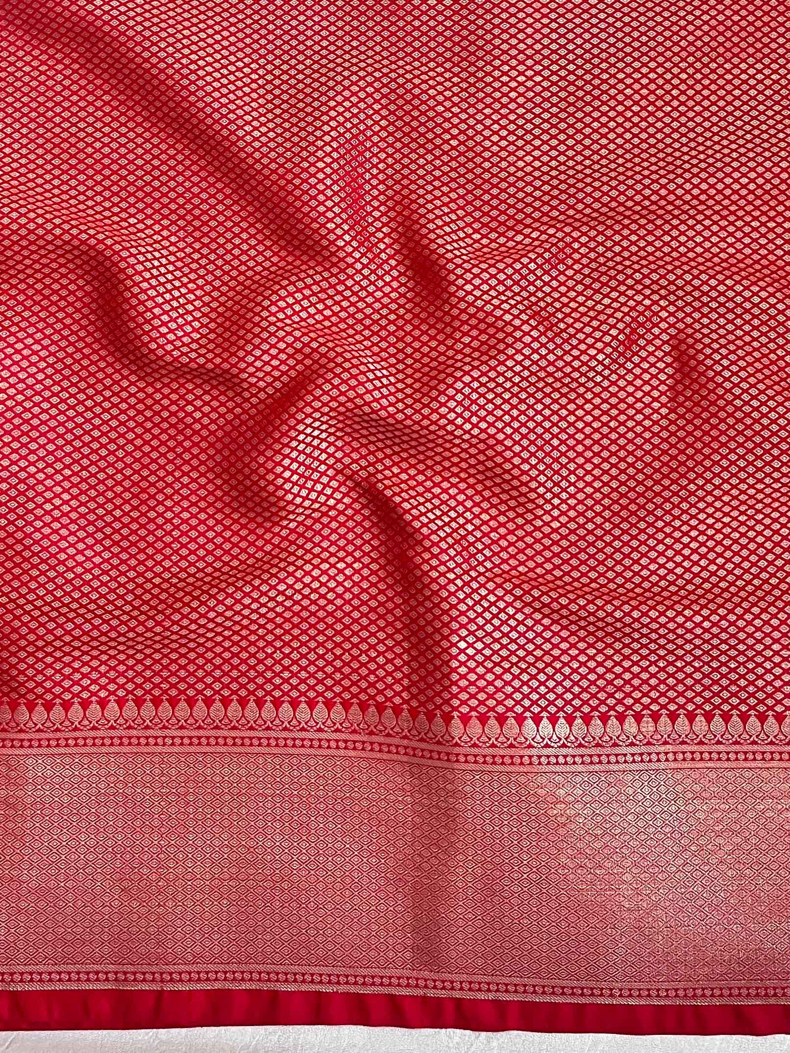 Banarasee Handwoven Semi Silk Saree With Zari Jaal Design & Lace-Red