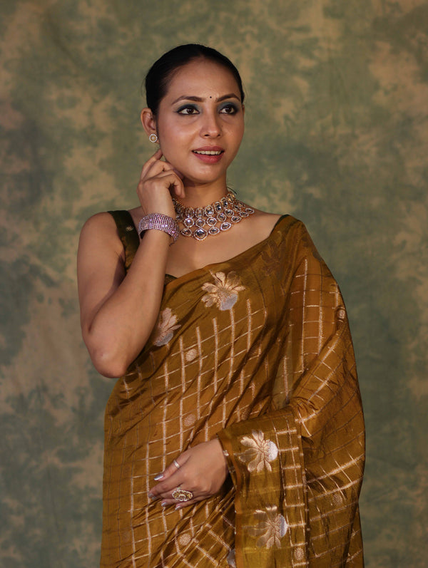 Banarasee Handloom Georgette Saree With Sona Rupa Zari Work & Checks Design-Dark Yellow