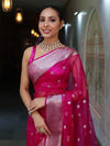 Banarasee Organza Mix Saree With Silver Zari Buti Design & Border-Pink