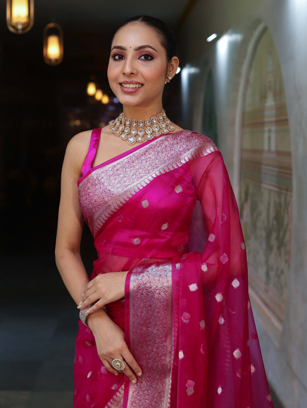Banarasee Organza Mix Saree With Silver Zari Buti Design & Border-Pink