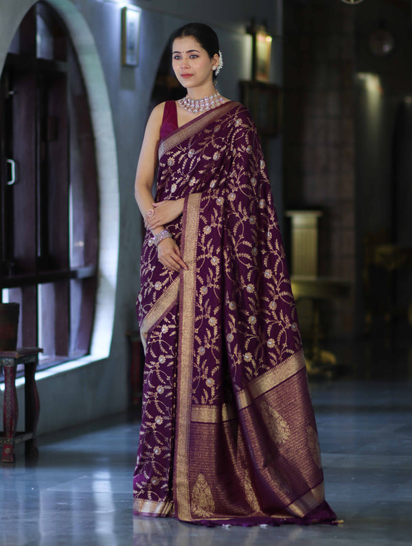 Banarasee Handloom Semi Silk Saree With Sona Rupa Zari Work & Border-Wine