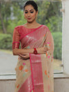 Banarasee Kota Checks Saree With Floral Buta & Border Design-Beige & Pink