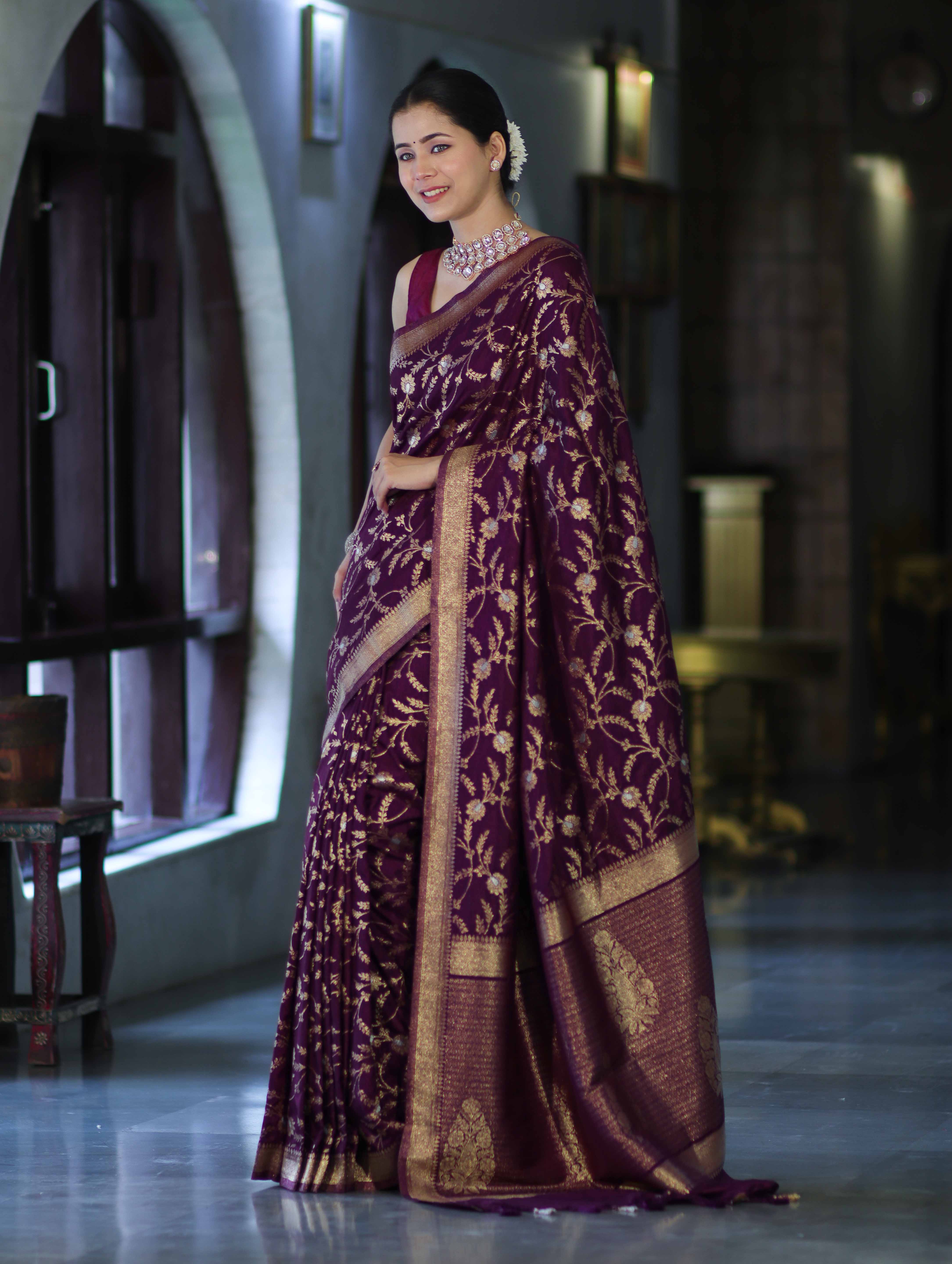 Banarasee Handloom Semi Silk Saree With Sona Rupa Zari Work & Border-Wine
