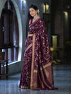 Banarasee Handloom Semi Silk Saree With Sona Rupa Zari Work & Border-Wine