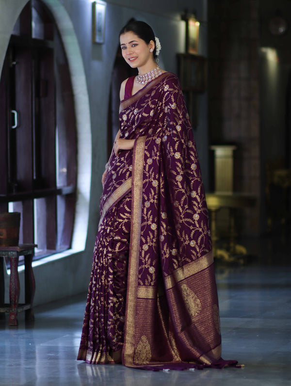 Banarasee Handloom Semi Silk Saree With Sona Rupa Zari Work & Border-Wine