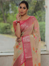 Banarasee Kota Checks Saree With Floral Buta & Border Design-Beige & Pink