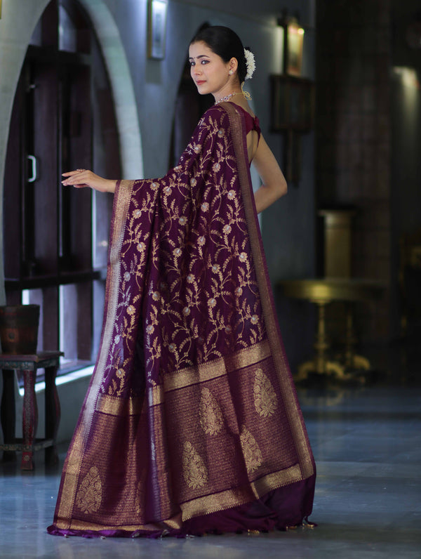 Banarasee Handloom Semi Silk Saree With Sona Rupa Zari Work & Border-Wine