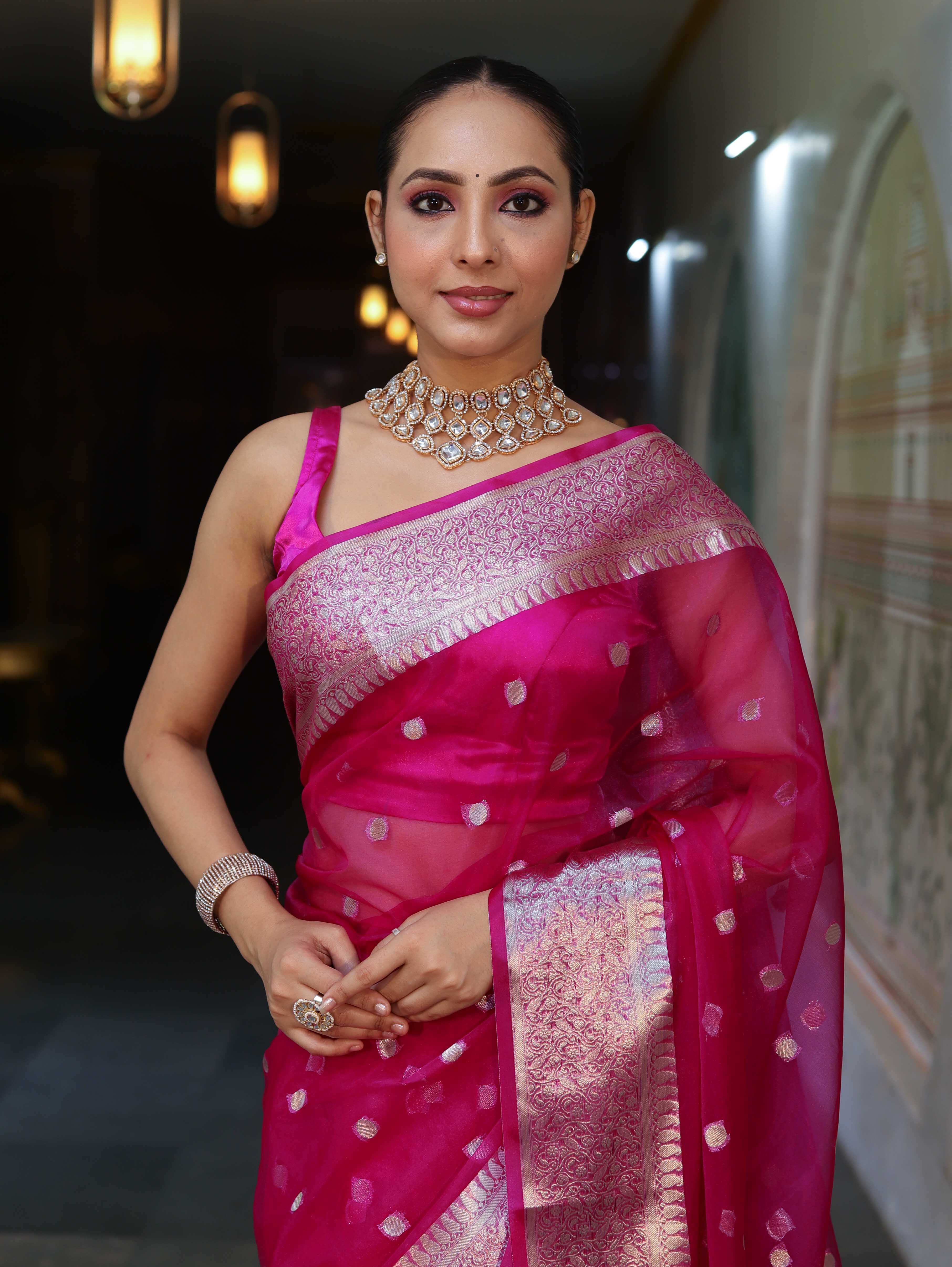 Banarasee Organza Mix Saree With Silver Zari Buti Design & Border-Pink
