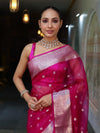 Banarasee Organza Mix Saree With Silver Zari Buti Design & Border-Pink
