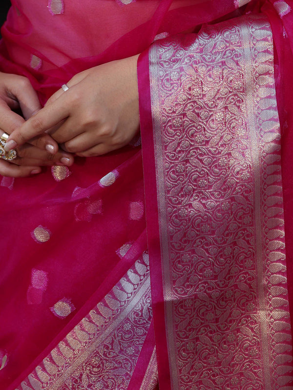 Banarasee Organza Mix Saree With Silver Zari Buti Design & Border-Pink