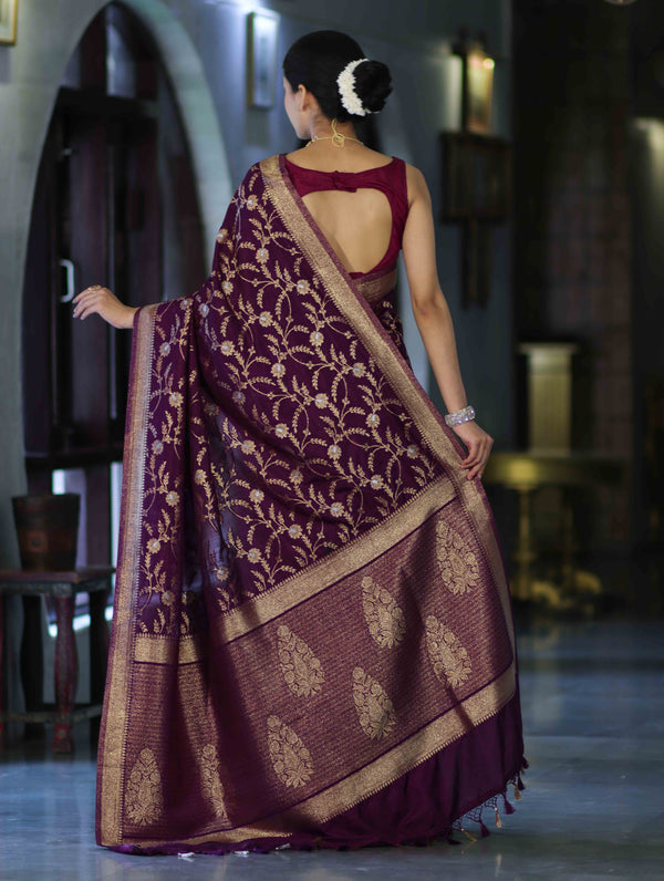 Banarasee Handloom Semi Silk Saree With Sona Rupa Zari Work & Border-Wine