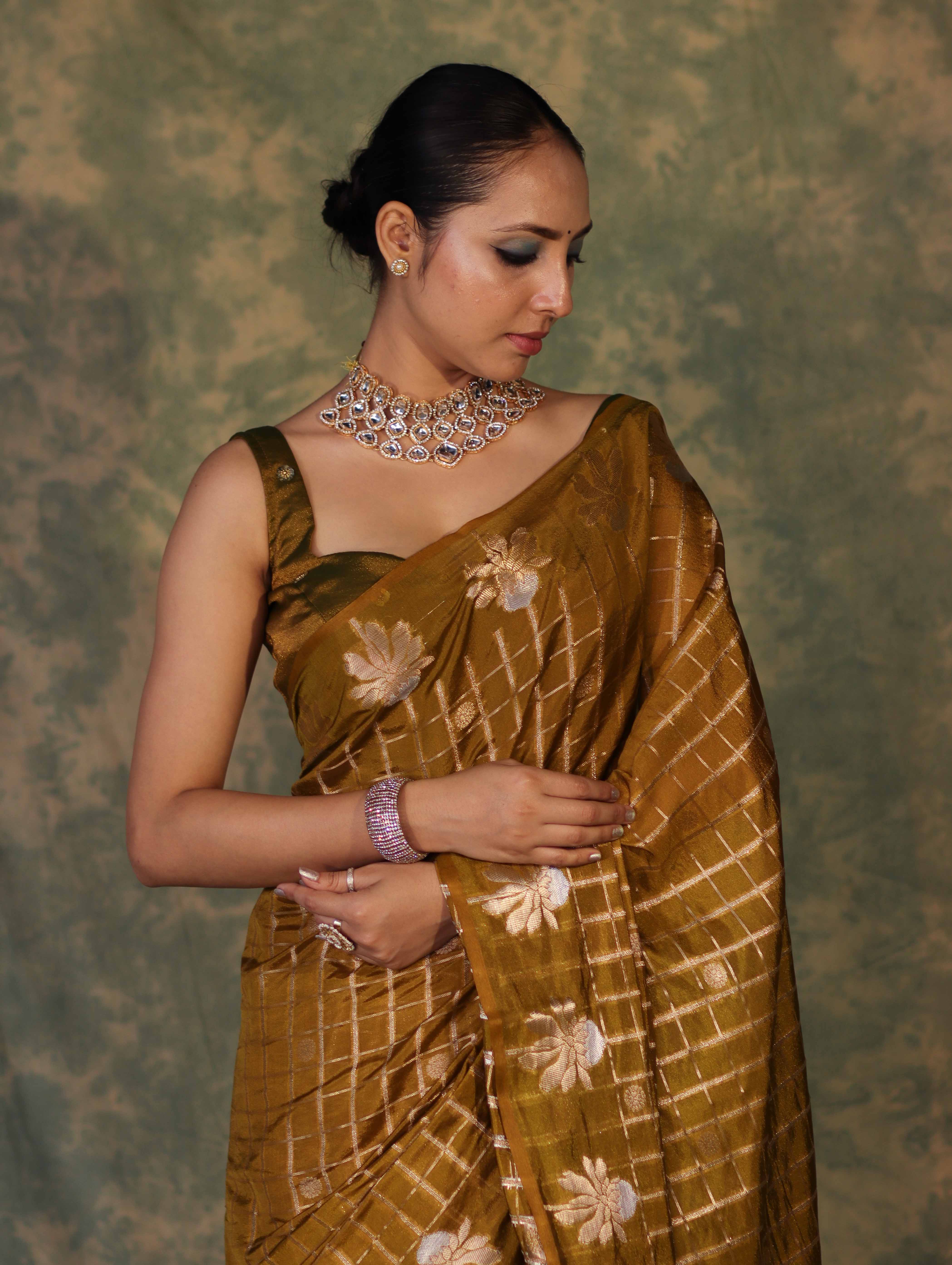 Banarasee Handloom Georgette Saree With Sona Rupa Zari Work & Checks Design-Dark Yellow