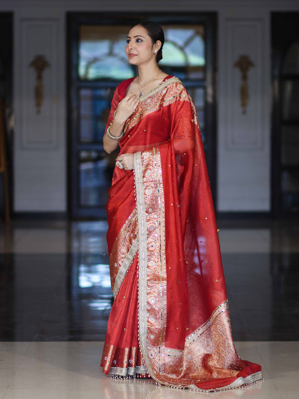 Banarasee Tissue Saree With Hand Embroidered Mirror Work Ghungroo Work & Zari Woven Pallu-Red