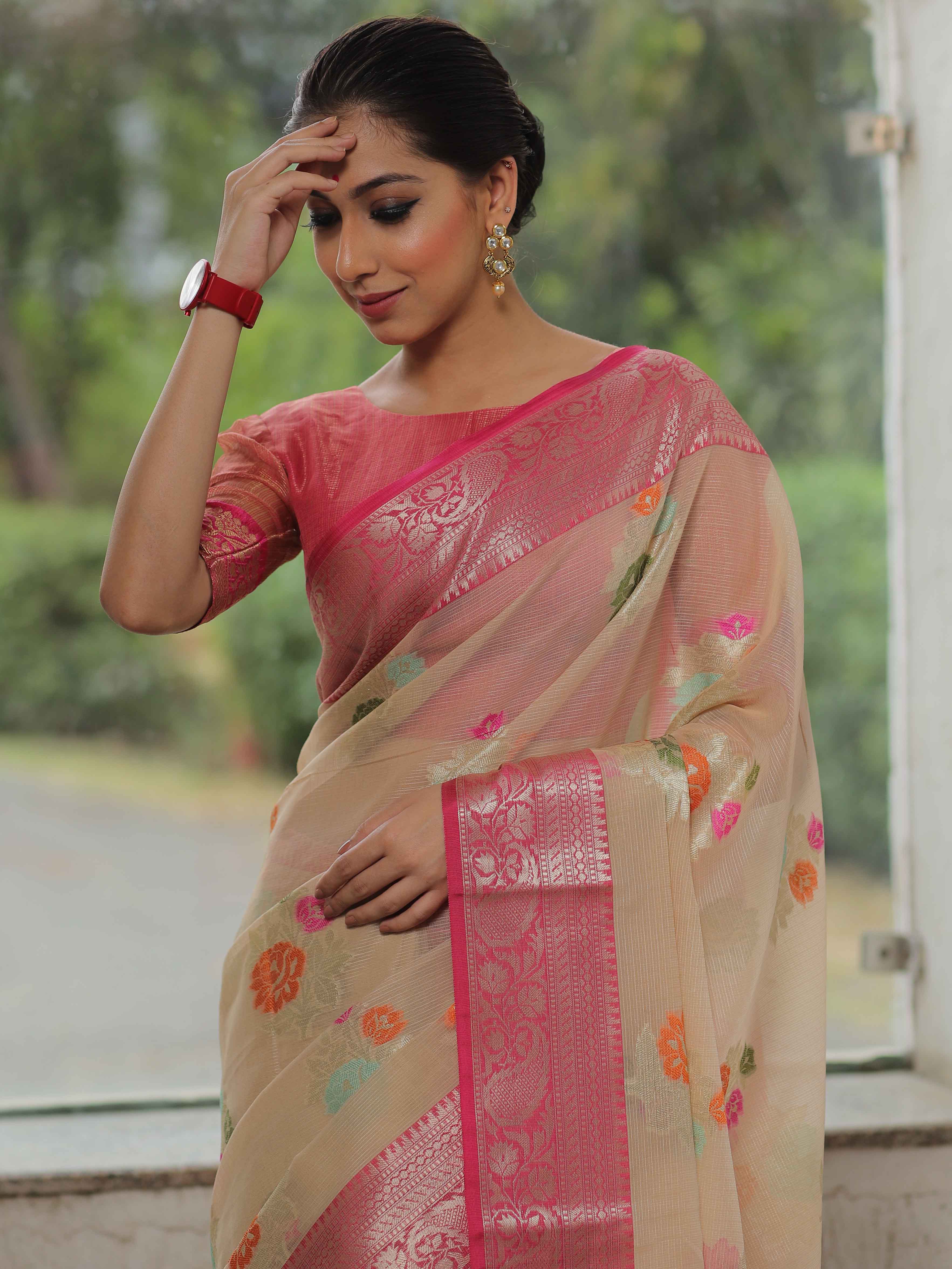 Banarasee Kota Checks Saree With Floral Buta & Border Design-Beige & Pink