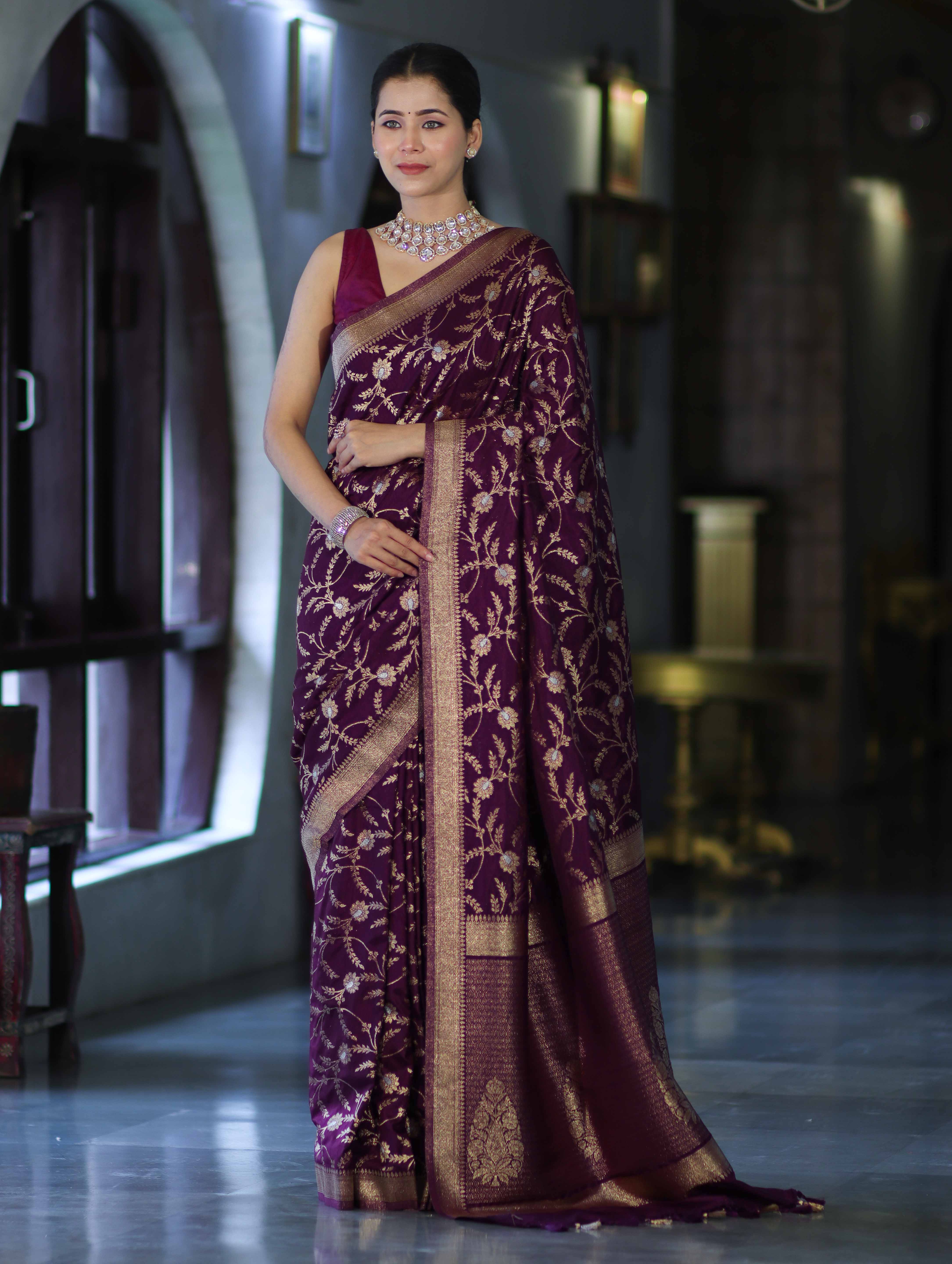 Banarasee Handloom Semi Silk Saree With Sona Rupa Zari Work & Border-Wine
