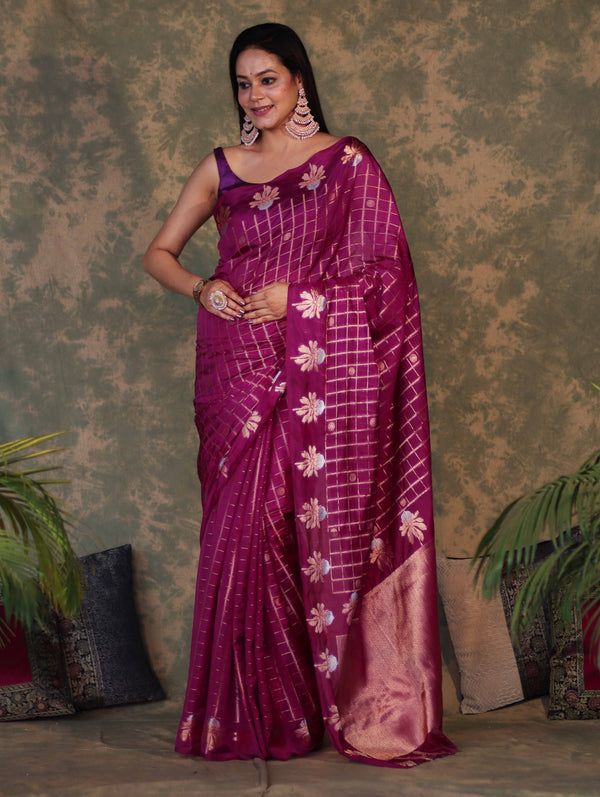 Banarasee Handloom Georgette Saree With Sona Rupa Zari Work & Checks Design-Violet