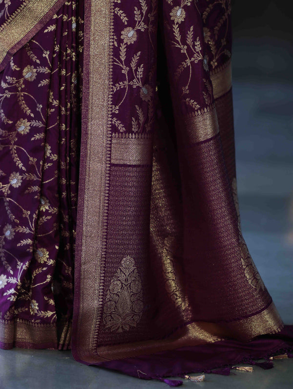 Banarasee Handloom Semi Silk Saree With Sona Rupa Zari Work & Border-Wine