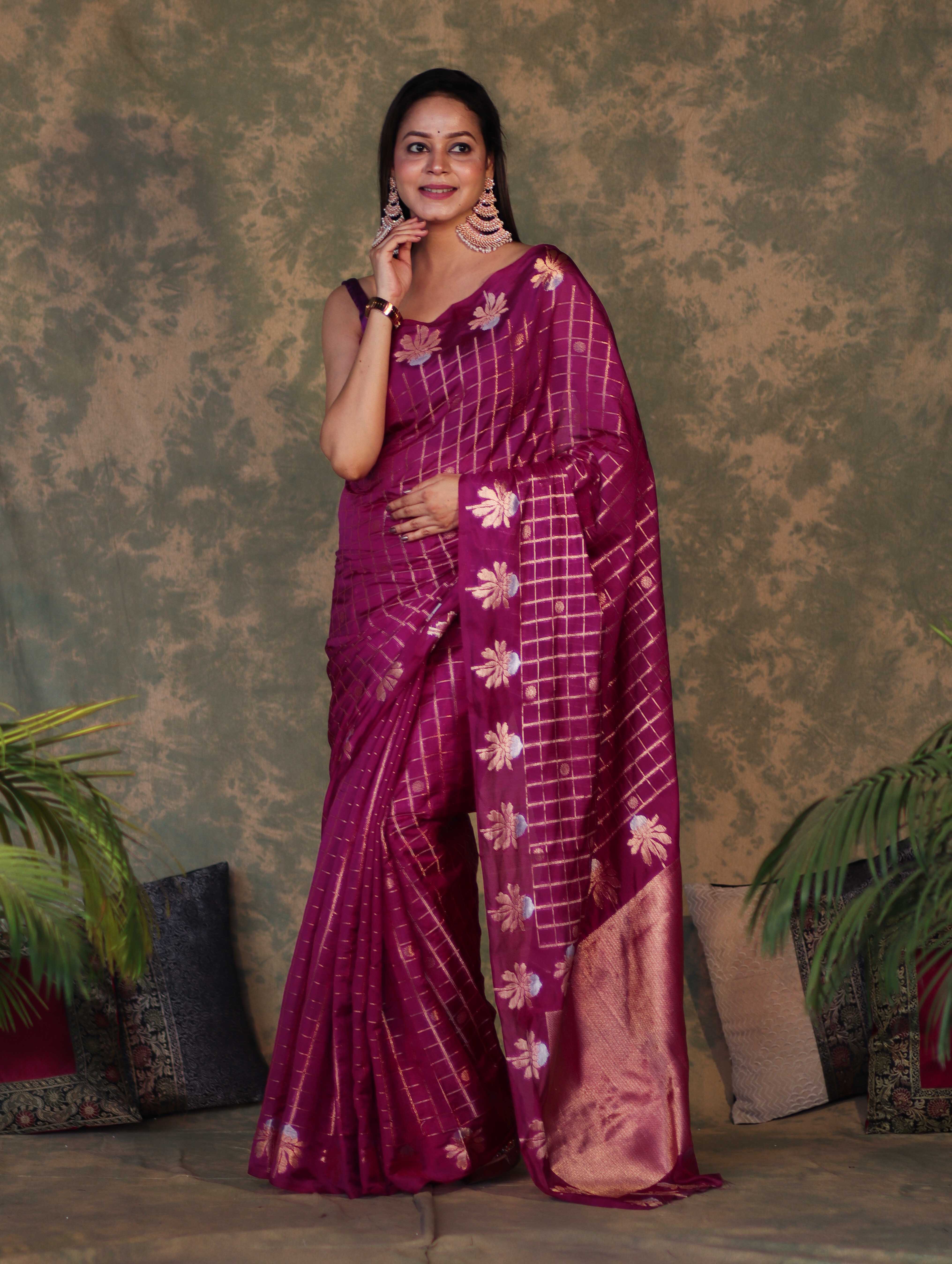Banarasee Handloom Georgette Saree With Sona Rupa Zari Work & Checks Design-Violet