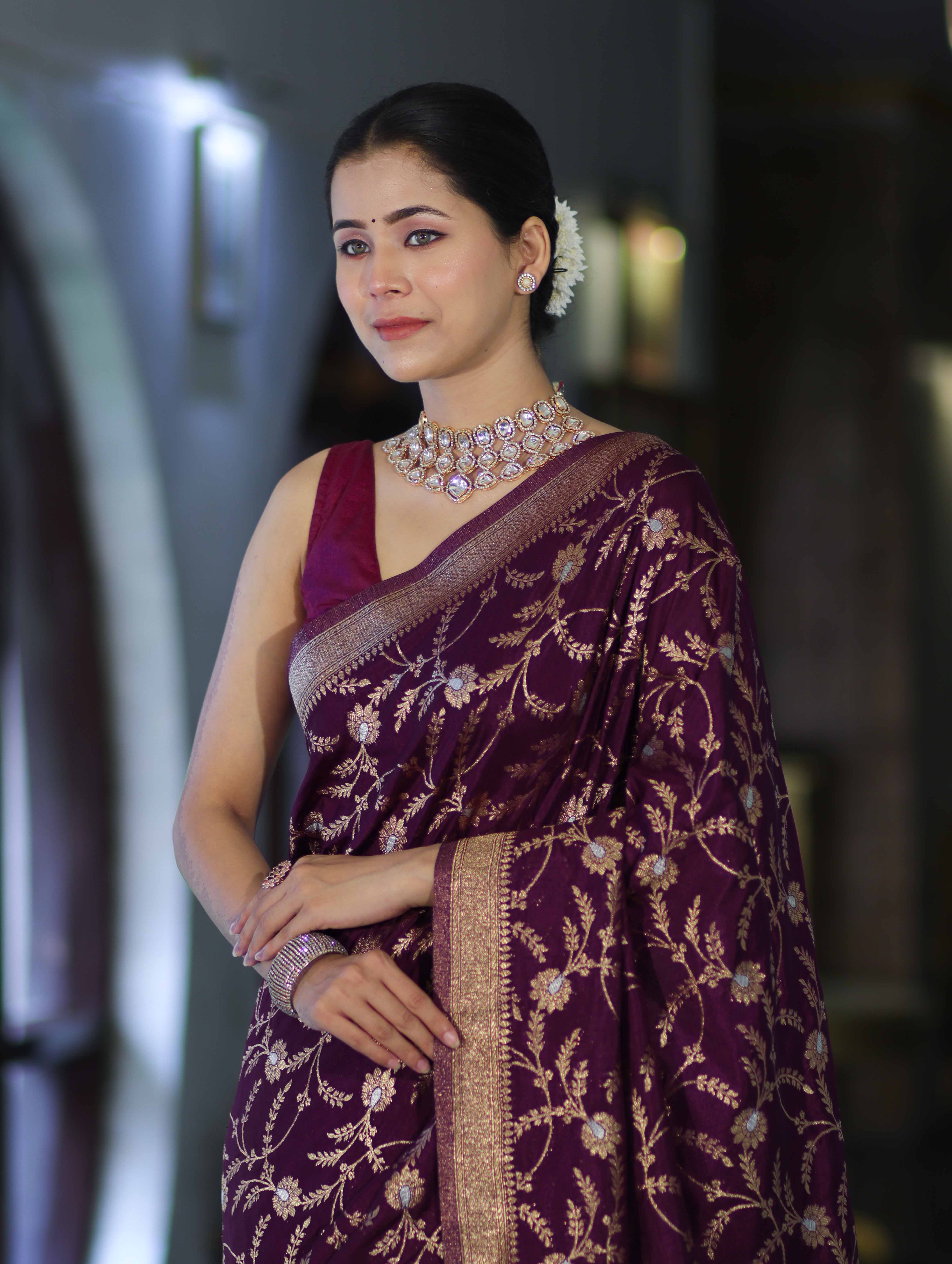 Banarasee Handloom Semi Silk Saree With Sona Rupa Zari Work & Border-Wine