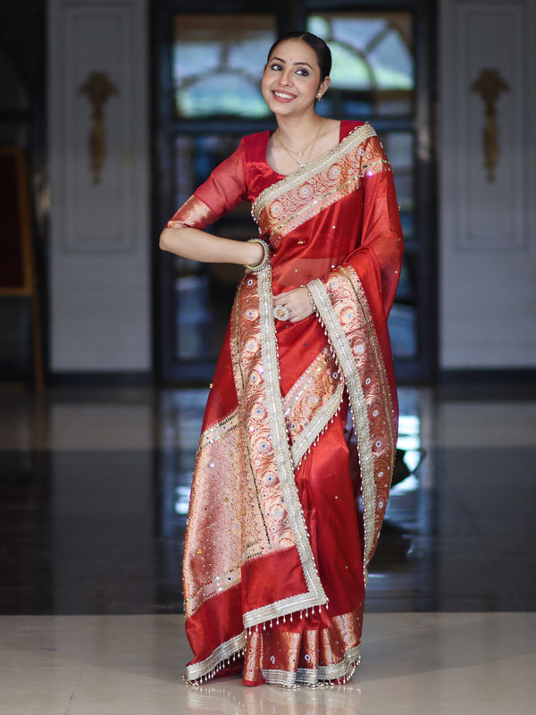 Banarasee Tissue Saree With Hand Embroidered Mirror Work Ghungroo Work & Zari Woven Pallu-Red