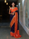 Banarasee Cotton Silk Kota Checks Saree With Buti Design & Contrast Border-Navy Blue & Orange
