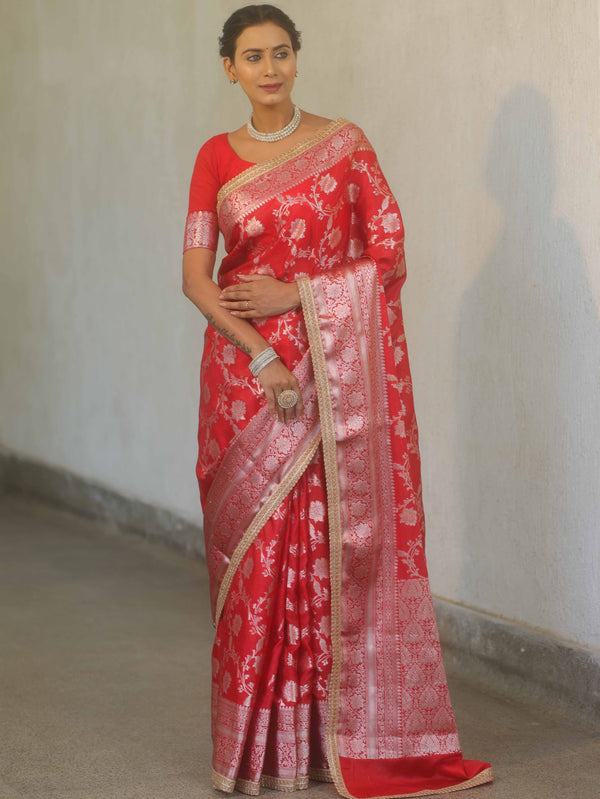 Banarasee Handwoven Semi Silk Saree With Silver Zari Jaal Design & Lace-Red