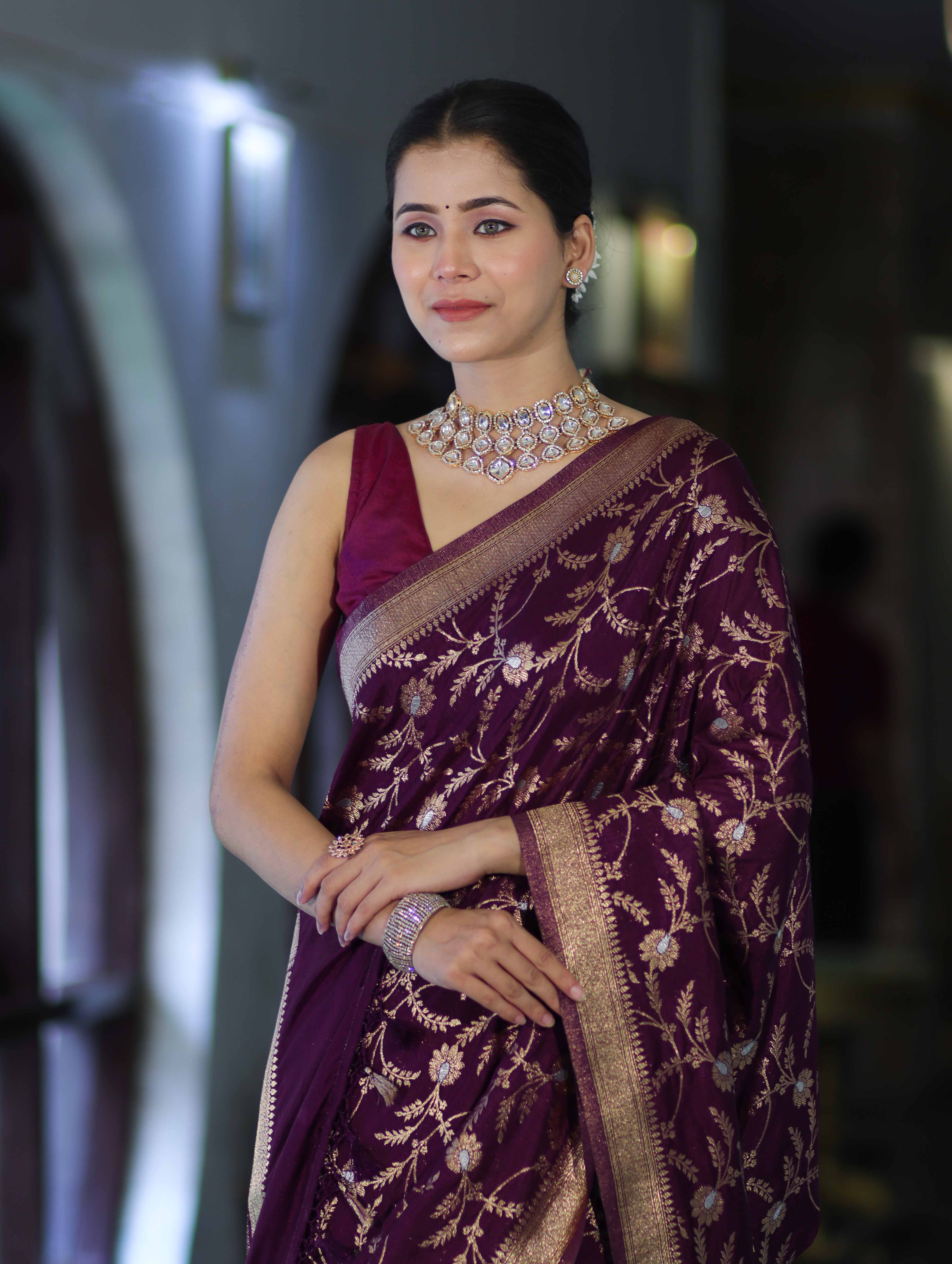 Banarasee Handloom Semi Silk Saree With Sona Rupa Zari Work & Border-Wine