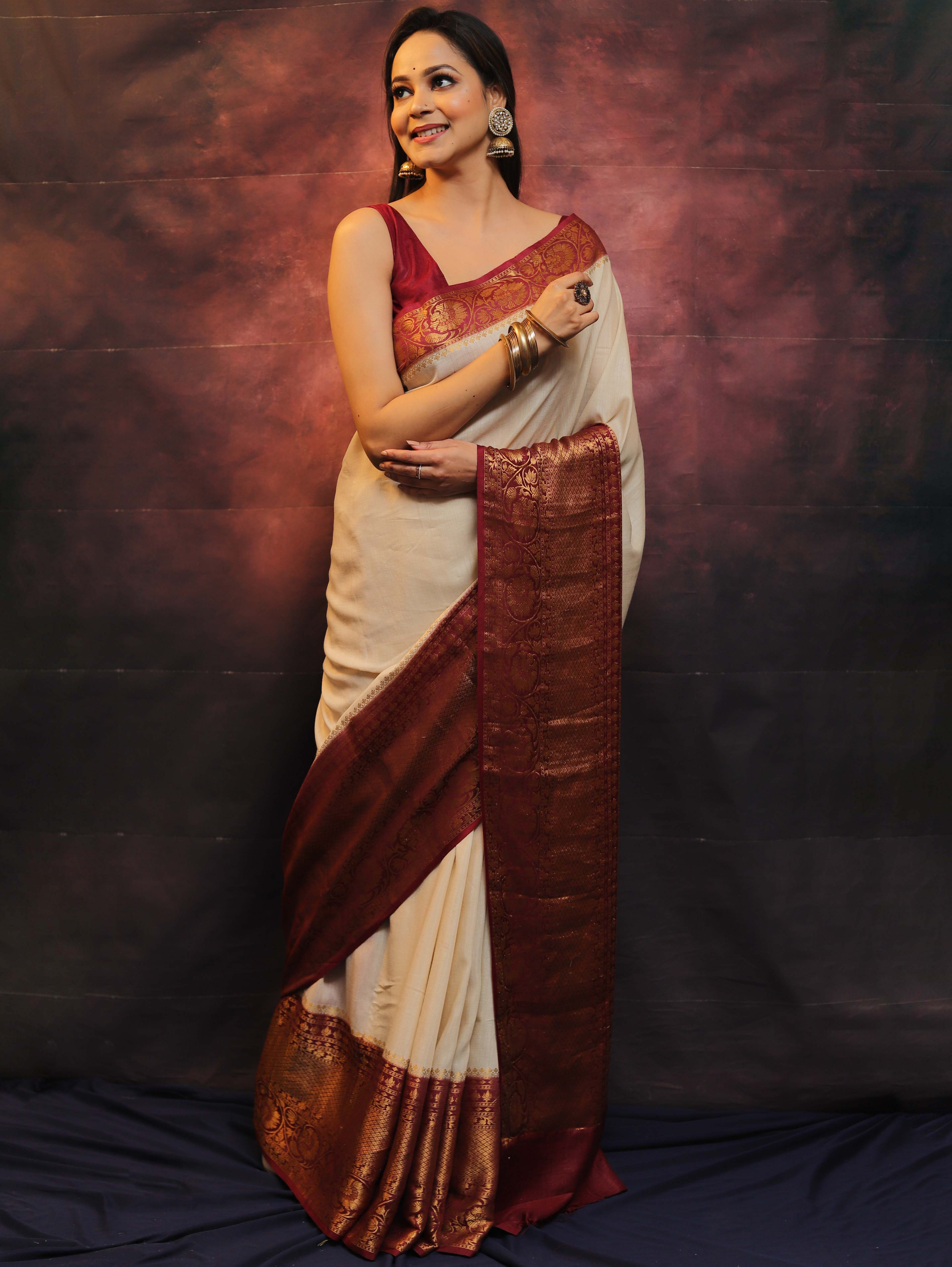 Banarasee Handwoven Pure Muga Silk Saree With Floral Border & Pallu-White & Maroon