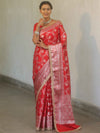 Banarasee Handwoven Semi Silk Saree With Silver Zari Jaal Design & Lace-Red