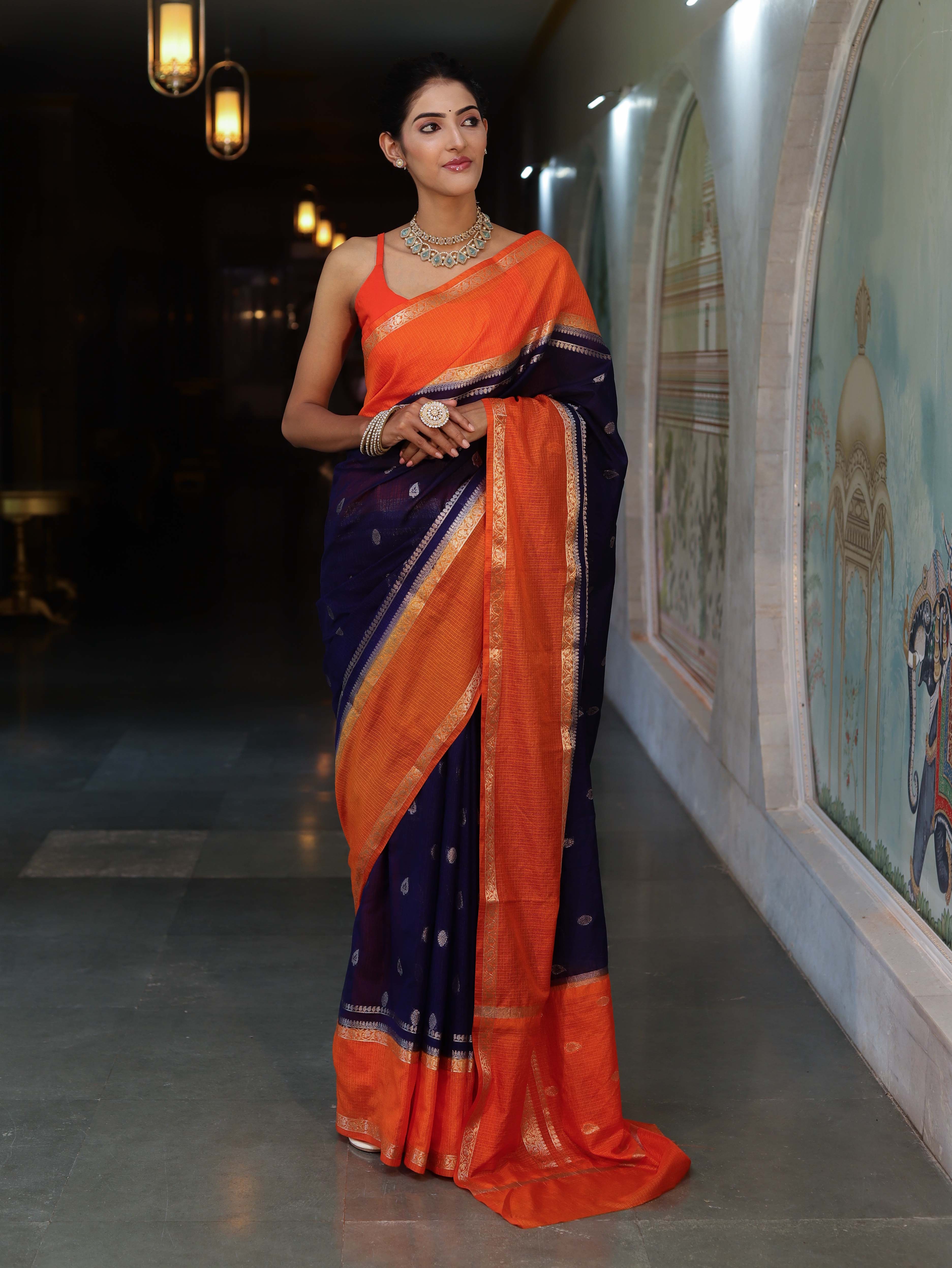 Banarasee Cotton Silk Kota Checks Saree With Buti Design & Contrast Border-Navy Blue & Orange