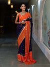 Banarasee Cotton Silk Kota Checks Saree With Buti Design & Contrast Border-Navy Blue & Orange