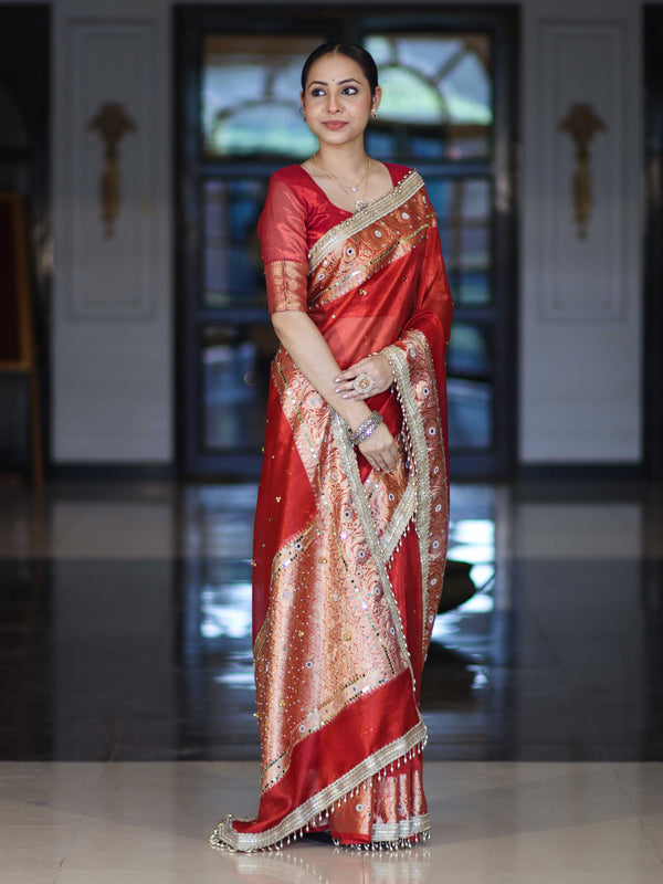 Banarasee Tissue Saree With Hand Embroidered Mirror Work Ghungroo Work & Zari Woven Pallu-Red