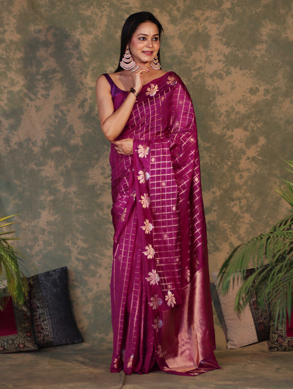 Banarasee Handloom Georgette Saree With Sona Rupa Zari Work & Checks Design-Violet