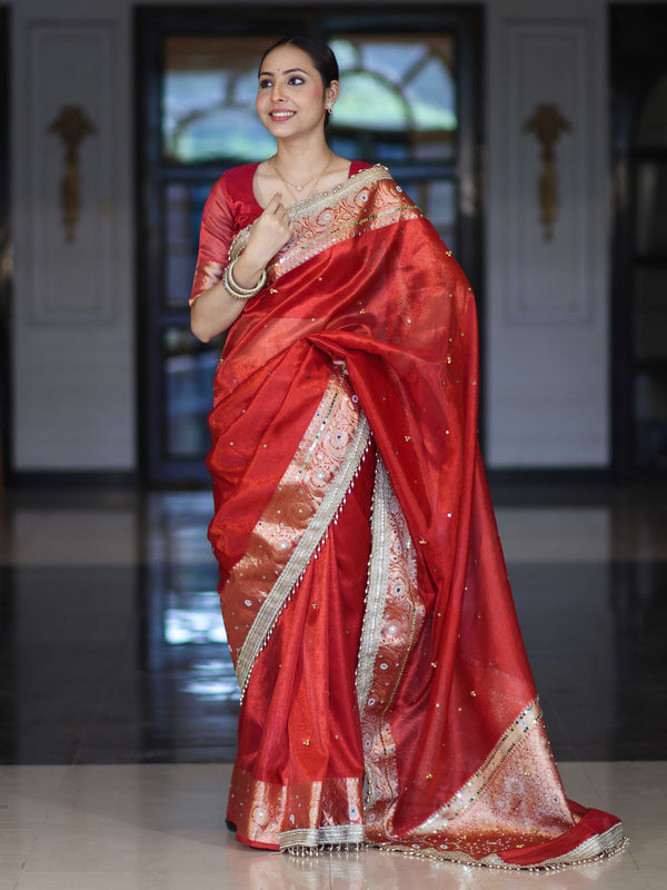 Banarasee Tissue Saree With Hand Embroidered Mirror Work Ghungroo Work & Zari Woven Pallu-Red