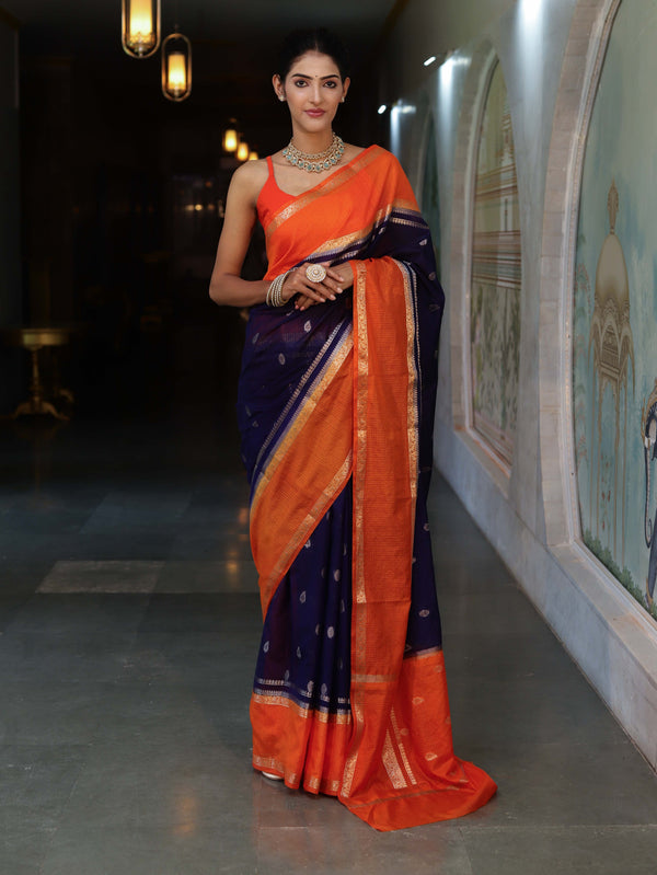 Banarasee Cotton Silk Kota Checks Saree With Buti Design & Contrast Border-Navy Blue & Orange