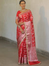 Banarasee Handwoven Semi Silk Saree With Silver Zari Jaal Design & Lace-Red