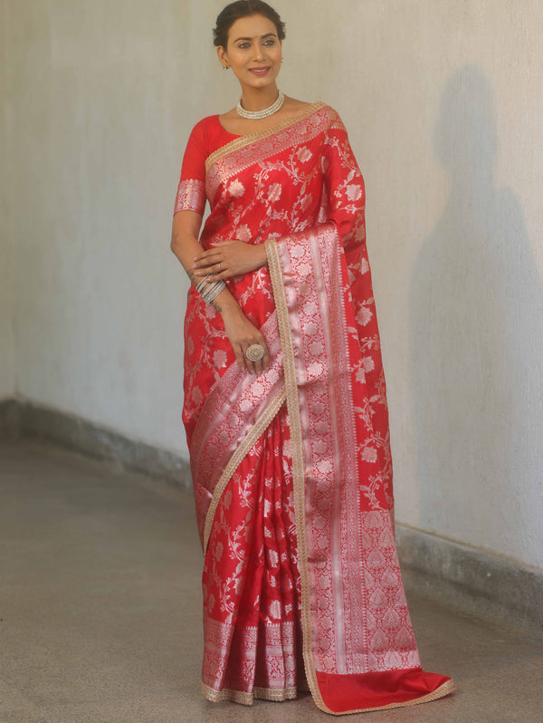 Banarasee Handwoven Semi Silk Saree With Silver Zari Jaal Design & Lace-Red