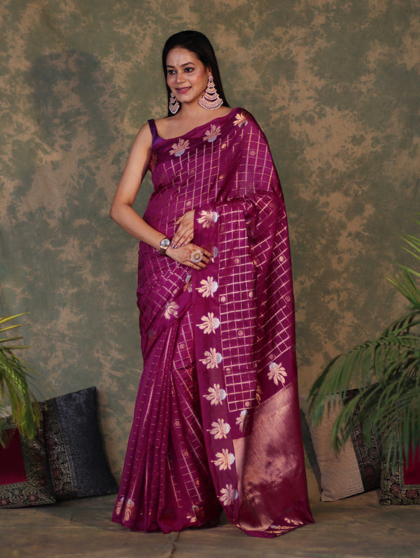 Banarasee Handloom Georgette Saree With Sona Rupa Zari Work & Checks Design-Violet