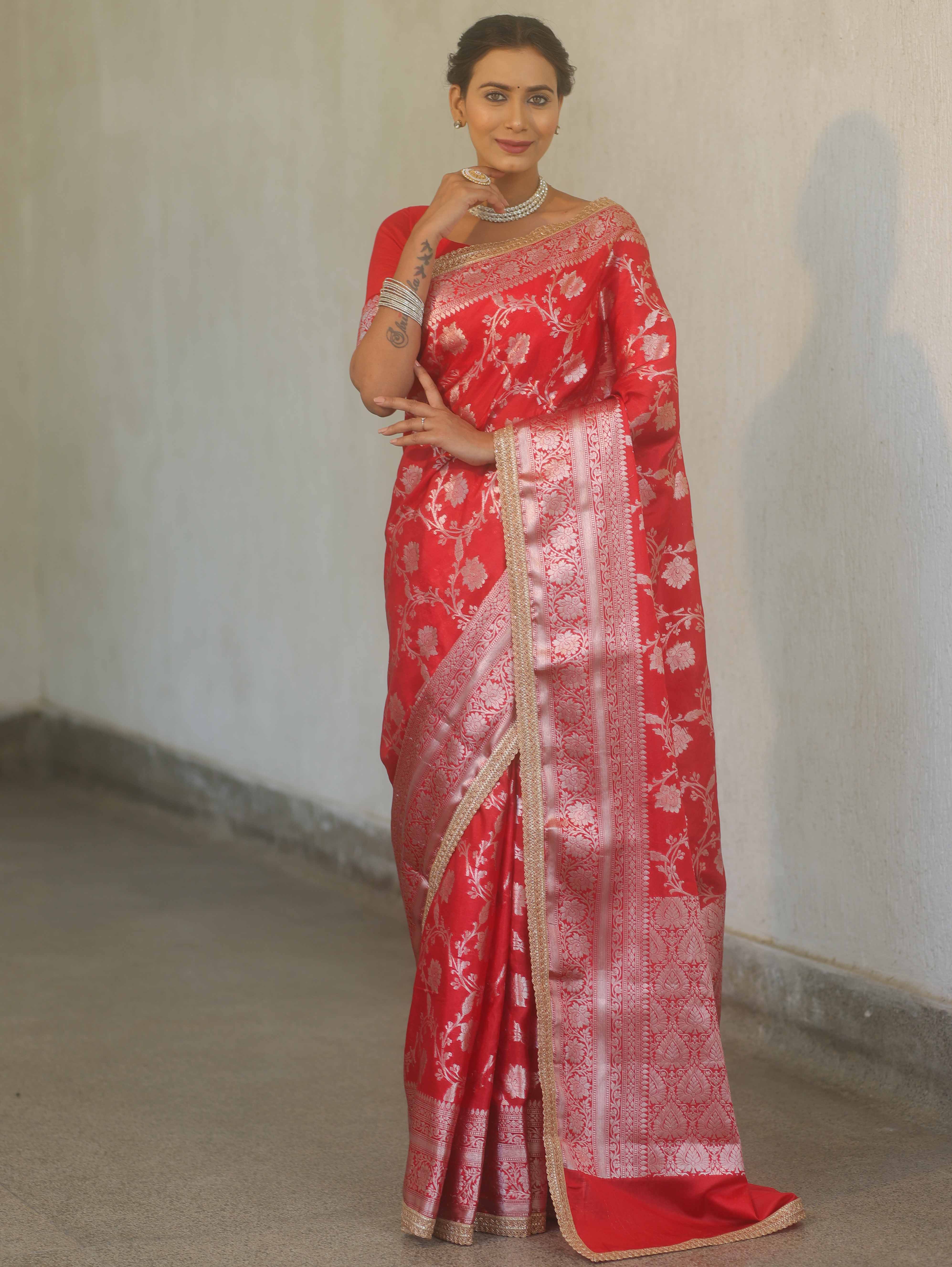 Banarasee Handwoven Semi Silk Saree With Silver Zari Jaal Design & Lace-Red