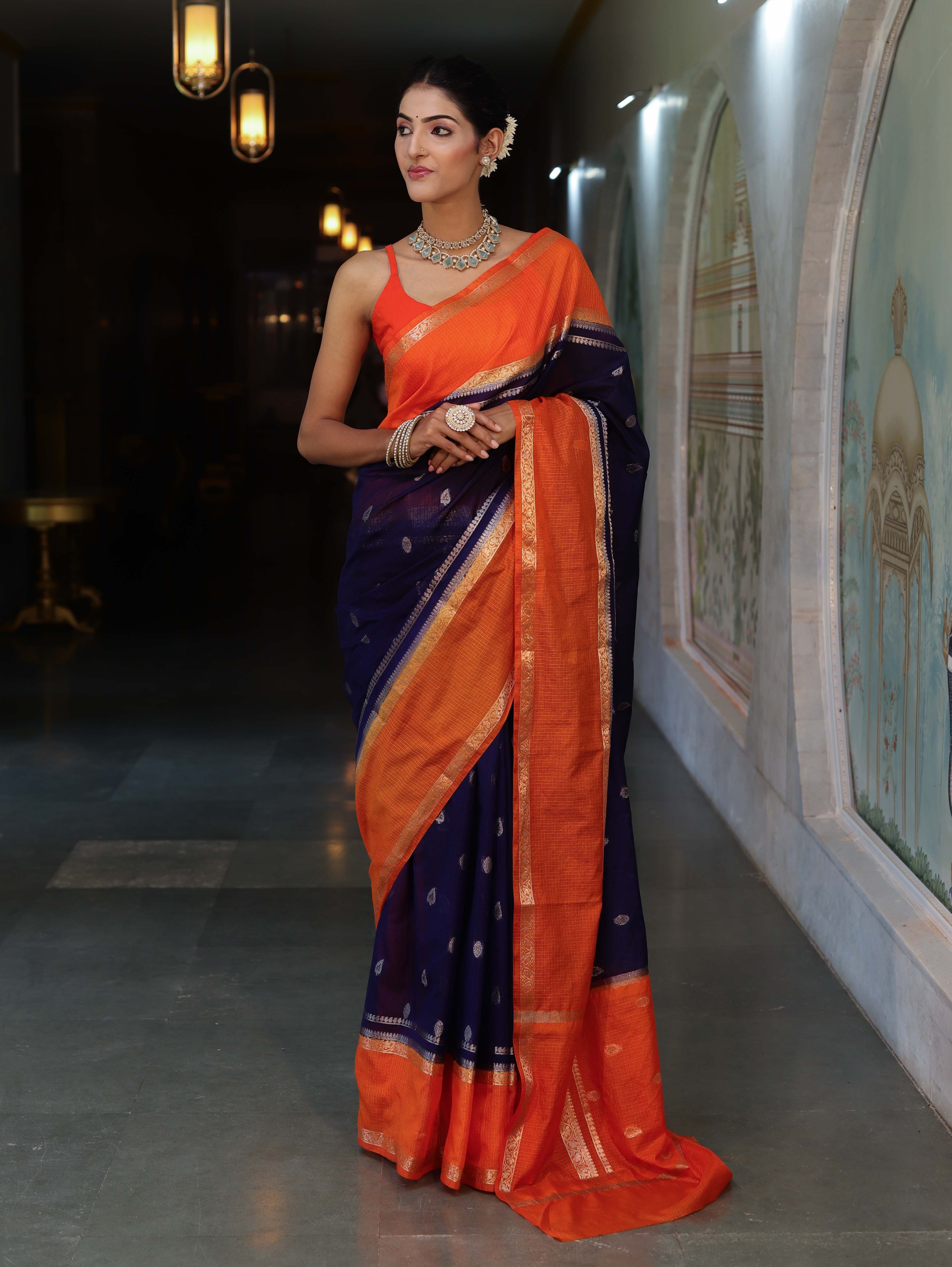 Banarasee Cotton Silk Kota Checks Saree With Buti Design & Contrast Border-Navy Blue & Orange