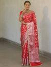 Banarasee Handwoven Semi Silk Saree With Silver Zari Jaal Design & Lace-Red
